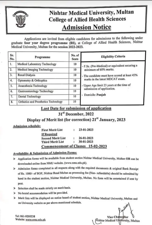 Nishtar Medical University Admission In Allied Health Sciences